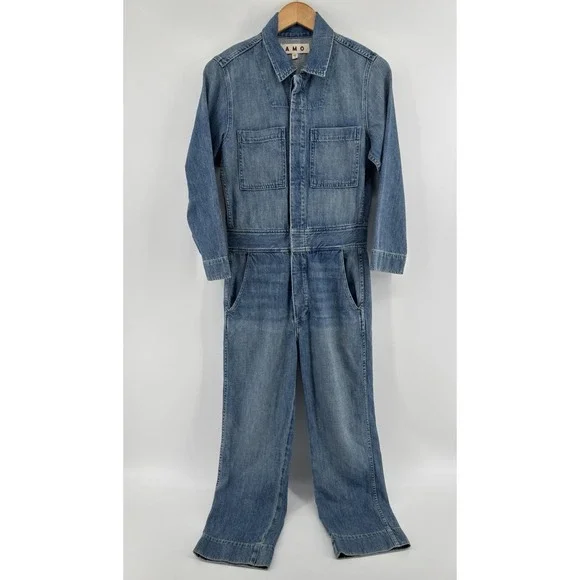 NWOT AMO Skip Denim Jumpsuit Sz S Color Indigo MSRP $398 Cottagecore Momcore - Picture 4 of 16